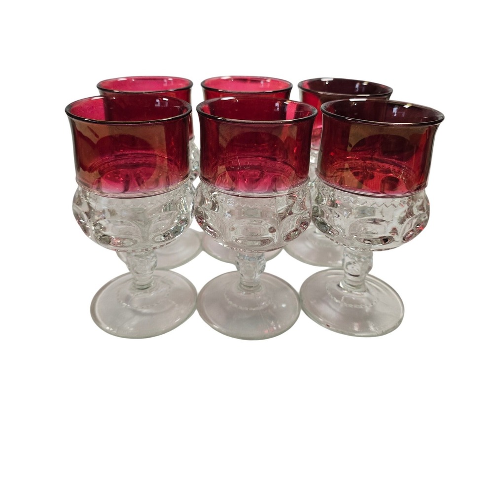 Vintage Ruby Red Flashed Thumbprint Stemmed Wine Cordial Glasses Set of 6